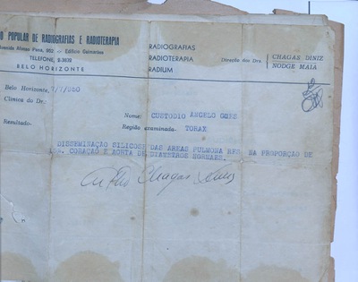 Reprodução de detalhe do Processo nº841, de 1952: Radiografia constatando silicose. 1952, Acervo Centro de Memória da Justiça do Trabalho de Minas Gerais