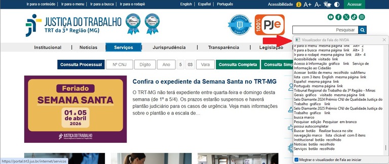 Demonstração da Visualização da Fala do NVDA.