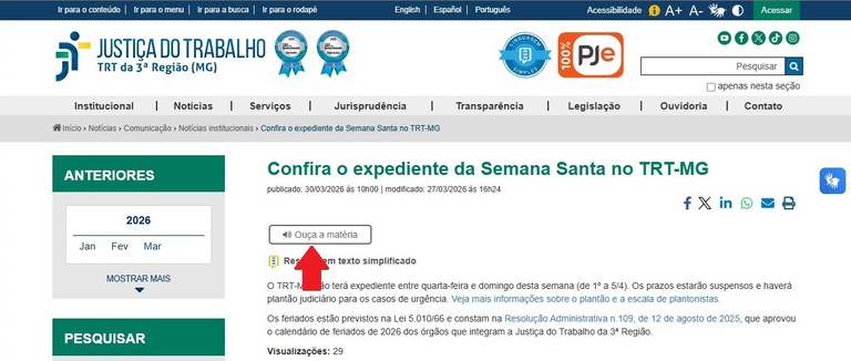Demonstração da funcionalidade "ouça a matéria".