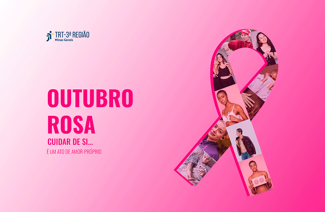 TEXTO: OUTUBRO ROSA - CUIDAR DE SI É UM ATO DE AMOR PRÓPRIO IMAGEM: LAÇO COM FOTOS DE MULHERES COM LENÇO E DIVULGANDO O AUTOEXAME