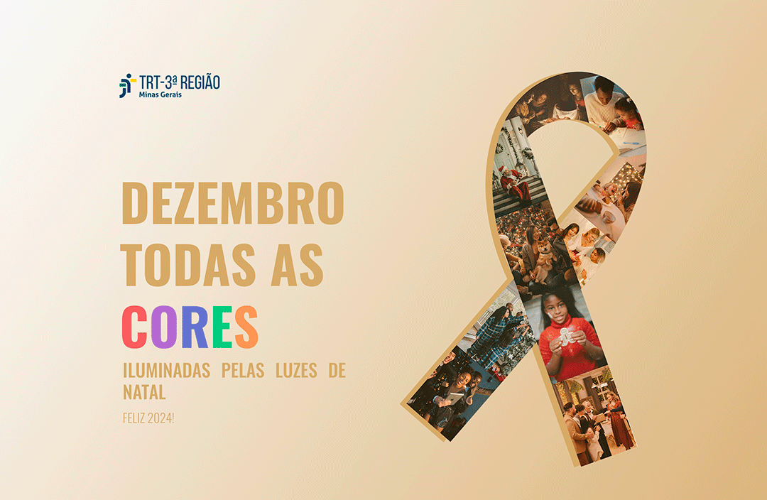 TEXTO: DEZEMBRO - TODAS AS CORES ILUMINADAS PELAS LUZES DE NATAL IMAGEM: LAÇO COM FOTOS DE PESSOAS CONFRATERNIZANDO