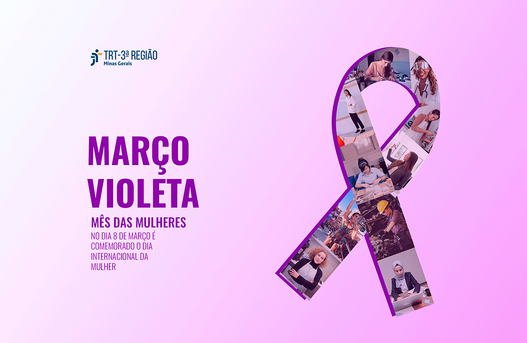 Texto: MARÇO VIOLETA - MÊS DAS MULHERES IMAGEM: Laço com fotos de mulheres em variados ambientes de trabalho