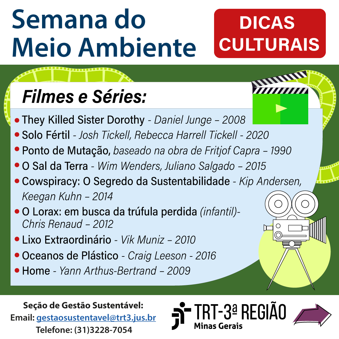 Sustentabilidade, cultura e hábitosNesta Semana do Meio Ambiente, indicamos ..Filme:     • Lixo Extraordinário;    • O Ponto de Mutação (baseado no livro de mesmo nome, de Fritjof Capra);    • Cowspiracy: O Segredo da Sustentabilidade;    • Oceanos de Plástico;    • O Lorax: em busca da trúfula perdida (infantil);    • O Sal da Terra;     • Mataram Irmã Dorothy;    • Home;     • Solo fértil. 