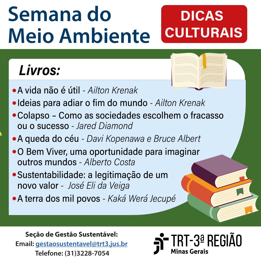 - A vida não é útil - Ailton Krenak- Ideias para adiar o fim do Mundo - Ailton Krenak- Colaposo - Como as sociedades escolhem o fracasso ou o sucesso - Jared Diamond- A queda do céu - Davi Kopenawa e Bruce Albert- O Bem Viver, uma oportunidade para imaginar outros mundos - Alberto Costa- Sustentabilidade - A legitimação de um novo valor - José Eli da Veiga- A terra dos mil povos - Kaká Werá Jecupé 