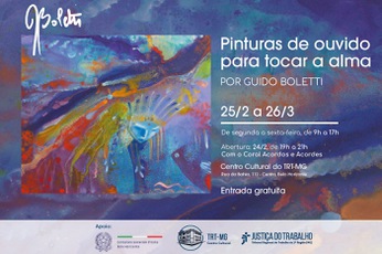 card de fundo azul com foto de uma obra colorida do artista. Ao lado, estão escritos dados sobre a exposição, como o nome, período, local, horários de visitação e entrada gratuita.