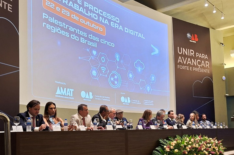 2026 1022 Congresso Direito Trab OAB-01.jpg Foto da mesa de honra na abertura do 3º Congresso de Direito e Processo Trabalhista na Era Digital, promovido pela Amat em parceria com a OAB