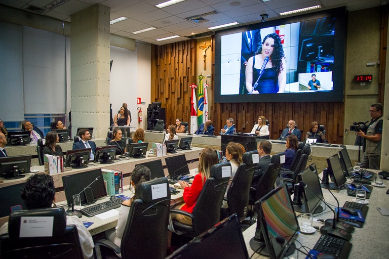 foto de empossada discursando em nome dos aprovados no plenário