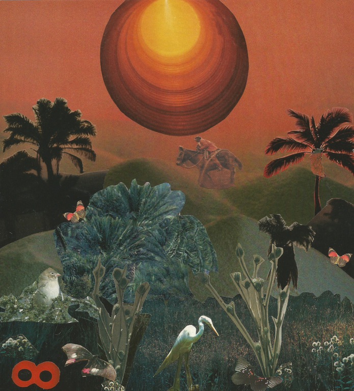 Colagem Lenice 1.jpg Foto da obra de Lenice Pitanguy para divulgação da exposição "Guimarães Rosa-Travessias do Imaginário". Colagem que mostra um sol laranja no alto da tela e figuras que remetem à vegetação do cerrado