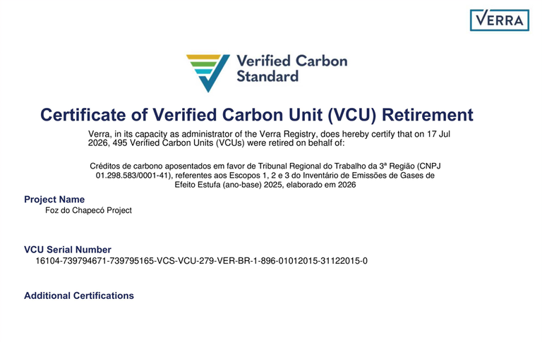 Arte do certificado de compra de créditos de carbono para compensação da emissão de gases do Efeito Estufa pelo TRT-MG