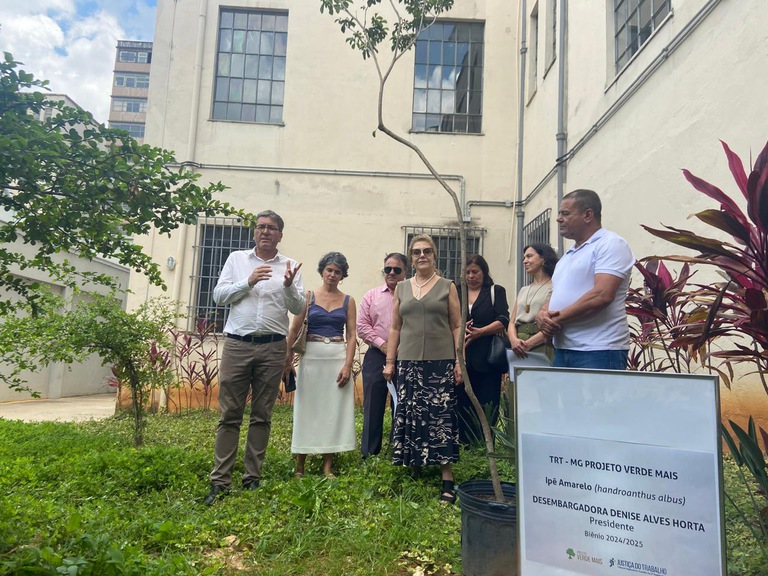 Projeto Verde Mais conclui ações em 2025 com plantio de muda de Ipê amarelo em jardim do Centro Cultural do TRT-MG