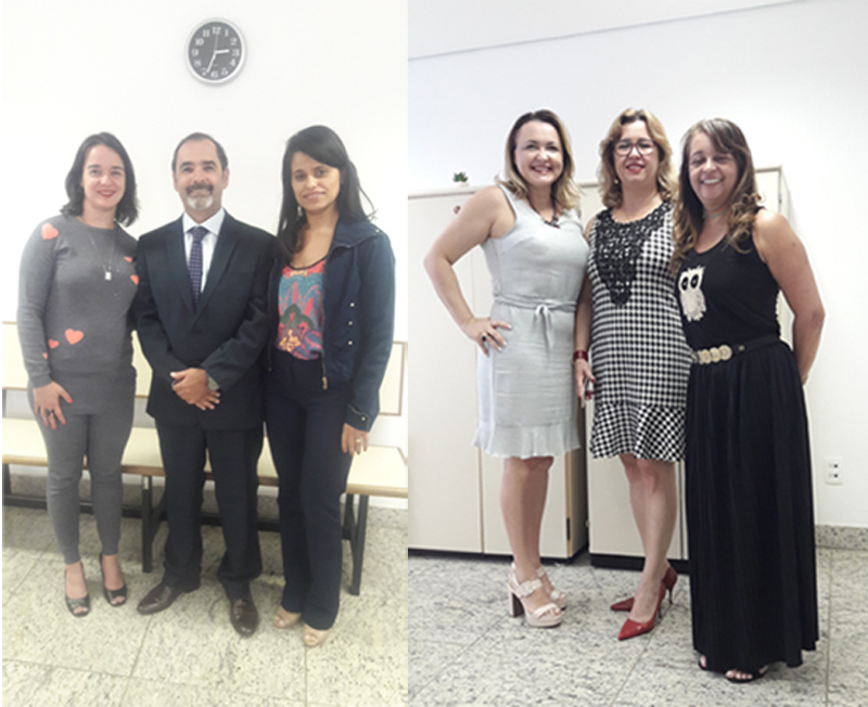 À esquerda, os juízes de Montes Claros Daniela Torres Conceição, Julio Cesar Cangussu Souto e Rosa Dias Godrim; à direita, as servidoras Luciane Fonseca Silva e Lima, Angela Beatriz Rodrigues Castro e Conceição Geralda de Jesus Perreira Brito