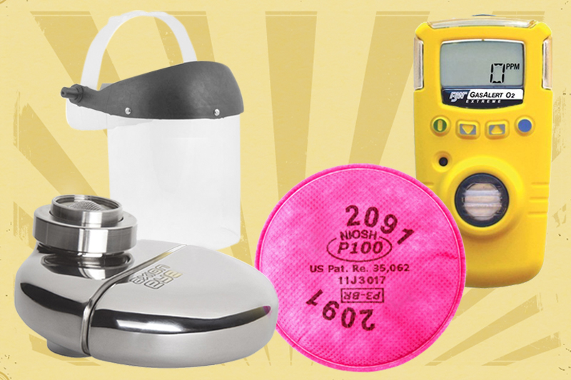 Protetor facial, lava-olhos, filtro mecânico para particulados altamente tóxicos e detector de gás