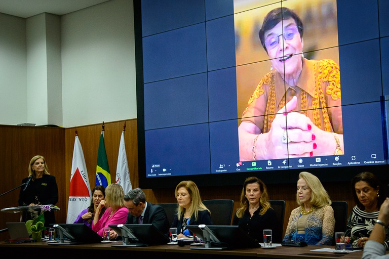 foto da mesa de honra e ministra Delaíde no telão