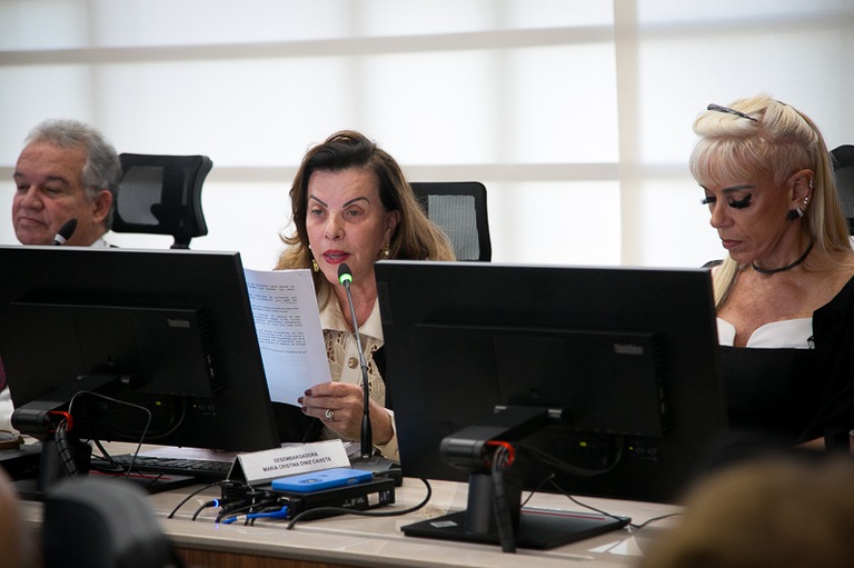 foto da desembargadora Maria Cristina Diniz Caixeta falando durante homenagem