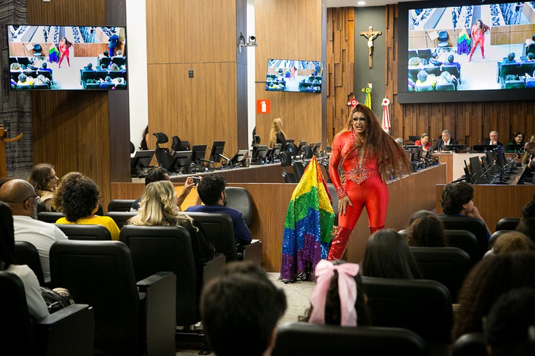 2026 0414 Lancamento Cartilha-33.jpg Artista drag queen Nayla Brizard se apresenta ao lado de bandeira do arco-íris e de frente para plateia