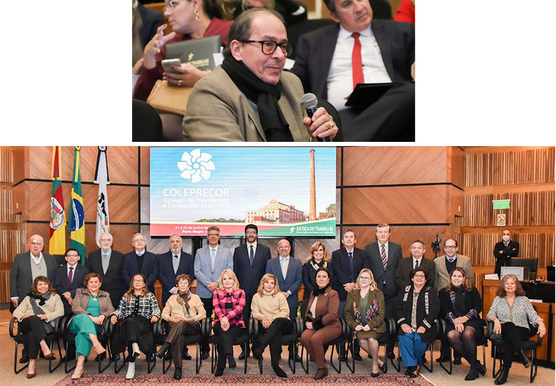 São duas fotos. A foto de cima com o corregedor do TRT-MG, desembargador Fernando Rios Neto e a foto de baixo, com os presidentes e corregedores dos TRTs do país..