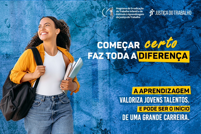foto de fundo azulado com foto de uma jovem aprendiz de mochila e sorridente
