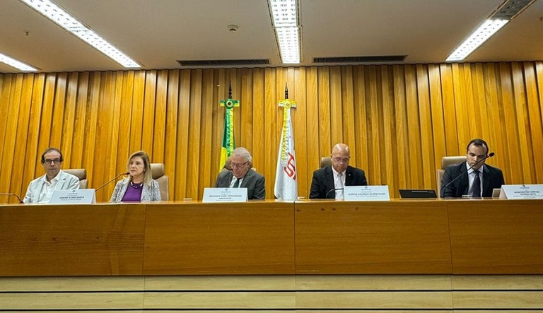 Presidente do TRT-MG, desembargadora Denise Horta, servidor Rubens Campante e juiz Whashington Timóteo sentados na mesa durante debate no TST
