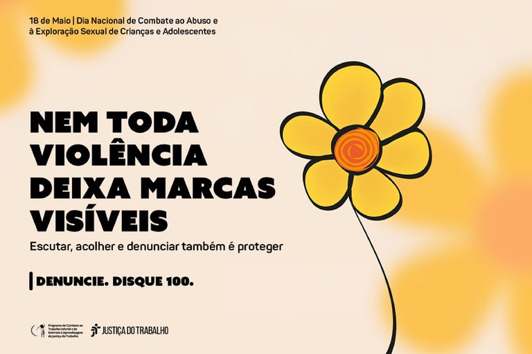 imagem de fundo bege e elementos em amarelo. À direita, há a ilustração de uma flor amarela de seis pétalas com contorno preto e centro em espiral laranja, símbolo da campanha. 