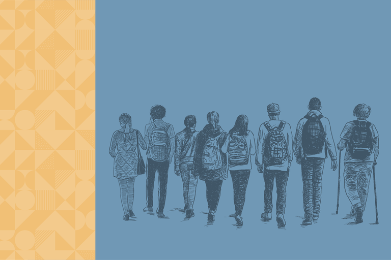 imagem de fundo amarelo e azul com desenhos de 8 adolescentes de costas caminhando juntos