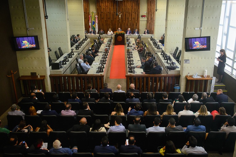 Foto ampla do plenário do TRT-MG mostrando o púbico de costas e as autoridades de frente e nas laterais 