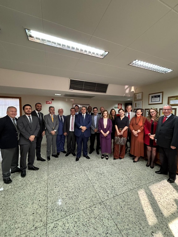foto vertical da presidente do TRT-MG ao lado do futuro ministro do TST e demais participantes da visita. 
