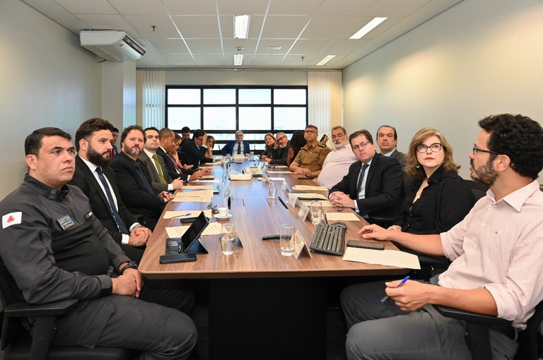 foto dos integrantes do Conselho Estadual de Criminologia e Política Criminal sentados em mesa durante reunião