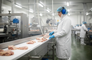 Mulher trabalhando como operadora de produção em unidade agroindustrial especializada em processamento de proteína de frango e na fabricação de ração animal. Ela está usando calça e jaleco branco de manga comprida. Toucas descartáveis e jalecos higiênicos cobrem completamente o cabelo. Ela está usando protetores auriculares do tipo concha, luvas de látex descartáveis e óculos de proteção incolores. A imagem mostra um ambiente amplo da agroindústria, com vários operadores ao fundo, máquinas e equipamentos em funcionamento.