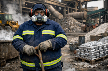 Foto um homem com obesidade equipado com uniforme de alta resistência e EPI completo trabalhando no segmento de indústria química inorgânica, metalurgia de zinco e reciclagem de resíduos industriais. A atmosfera mostra a imponência dos maquinários, com áreas de carga, estocagem e movimentação de matérias-primas. A composição transmite a rotina de quem atua na linha de frente da indústria química, cuidando da preparação, limpeza e manutenção básica para garantir segurança e evitar contaminações.