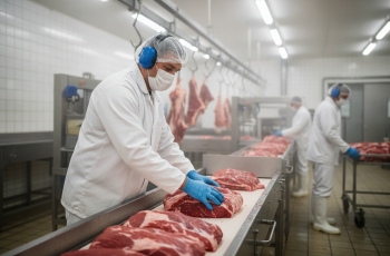 Um homem trabalhando como auxiliar de produção em um frigorífico. Ele está usando calça e jaleco brancos, touca descartável, abafador de ruído tipo concha, máscara descartável cobrindo nariz e boca, mantendo a higiene na manipulação direta, botas de PVC brancas: calçado impermeável com solado antiderrapante e biqueira protetora. Há mais dois colegas no ambiente de trabalho.