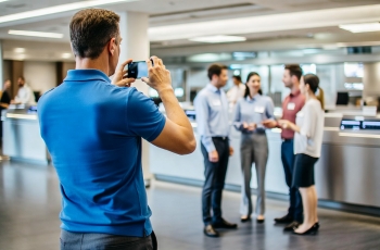 Visão traseira de um homem com camisa azul, tirando fotos com um smartphone. Ele está usando o smartphone para tirar fotos de dois homens e duas mulheres. Cada um deles está usando um crachá. Não é possível identificar o rosto das pessoas fotografadas porque elas estão distantes do fotógrafo. Ao fundo, há guichês e pessoas aguardando atendimento.