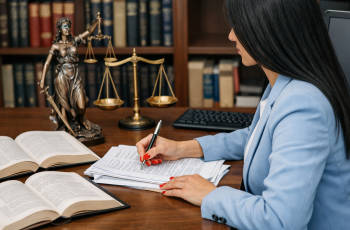 Uma mulher de cabelos negros e lisos, em visão lateral, vestindo blazer azul-claro sobre blusa branca, com esmalte vermelho, concentrada nos documentos de um processo judicial e fazendo anotações. Na mesa de trabalho dela estão uma estátua da justiça, uma balança, um computador, dois livros abertos e vários outros organizados na estante ao fundo.