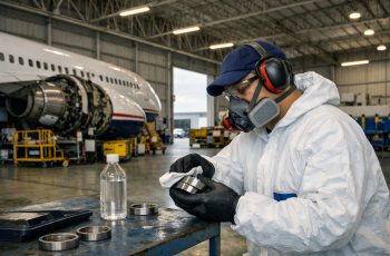 Visão lateral de um homem aeroviário trabalhando dentro do hangar de um aeroporto. O hangar é construído em alvenaria e estruturas metálicas, coberto com telhas metálicas, piso em cimento liso, abertura frontal, iluminação natural e artificial com lâmpadas fluorescentes. Ele está limpando as peças removidas da aeronave com álcool isopropílico embebido em pano para retirar os resquícios de óleo e graxa que impregnavam as peças. Ele está usando os seguintes EPIs: uniforme, abafador de ruído do tipo concha, óculos de segurança, casquete, macacão tyvek e máscara com filtro químico. Ao fundo há uma aeronave com o motor aberto, plataformas de manutenção, escadas, carrinhos de ferramentas e iluminação natural misturada à fluorescente. O ambiente transmite a rotina técnica e organizada de um setor de manutenção aeronáutica.