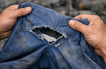 Mãos masculinas segurando uma calça azul de uniforme rasgada em uma das pernas, na região da virilha, com detalhes bem nítidos no tecido.