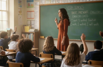 Professora de cabelos castanhos escuros compridos, vista de perfil, em pé, olhando para a lousa. Ela está dando aula de inglês. Ela está usando um vestido em tom de laranja escuro. Os alunos são vistos de costas. Todos estão usando uniforme escolar. A blusa do uniforme é branca. Eles são pré-adolescentes e estão participando da aula. Alguns têm cabelos crespos, outros têm cabelos lisos.
