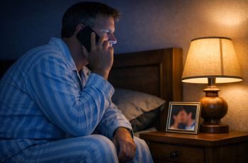 Imagem de um homem sonolento, de pijama azul-claro listrado, sentado na cama durante a madrugada, atendendo ao celular, com um abajur aceso e um porta-retratos sobre a mesa de cabeceira. O brilho azul e frio do celular delineia o rosto do homem.