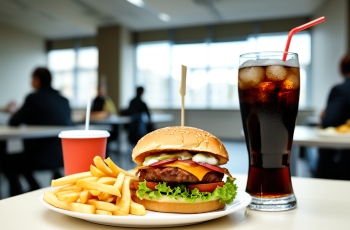 Foto de sanduíche, batata frita e refrigerante na mesa do refeitório da empresa.