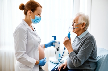 Visão lateral de uma fisioterapeuta que trabalha com a respiração do paciente. Ela é uma mulher grávida usando jaleco branco e máscara facial. Ela está de frente para um paciente idoso. Ela está atendendo o paciente idoso usando equipamentos para fazer fisioterapia respiratória. O paciente idoso está usando um nebulizador.