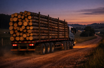 Foto de um caminhão carregado de madeira de eucalipto seguindo pela estrada de terra entre fazendas, no fim de um dia de trabalho, já escurecendo, sob o brilho suave do crepúsculo.