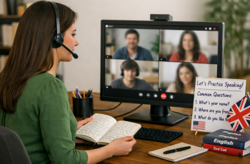 Foto mostra uma professora de perfil, com seus cabelos castanhos compridos e blusa verde, conduzindo uma aula de inglês particular on-line para um grupo de quatro alunos em videoconferência. O ambiente destaca a metodologia voltada para a conversação, com quadro de perguntas práticas e bandeiras que remetem ao ensino de idiomas.