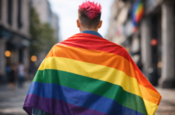 Foto de um homem de costas com cabelo colorido, com uma bandeira cor de arco-íris nas costas.