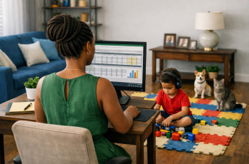 Foto de uma mulher de costas sentada em frente ao computador trabalhando em home office. Visão traseira da mulher negra usando um vestido verde, concentrada no trabalho com planilhas. Ela está usando um penteado elegante com tranças rastafári. Um pouco distante da mulher há um menino negro fofo de 5 anos brincando sentado em um tapete com estampa colorida de quebra-cabeças. Ele está usando camisa vermelha e fone de ouvidos. Na sala bem decorada há um sofá azul com almofadas em vários tons de azul, uma estante com objetos de decoração, um aparador com um abajur e 3 porta-retratos. Um cachorro e um gato pequenos observam a cena.