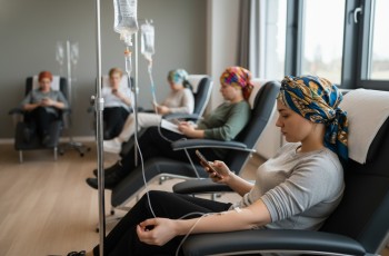 Mulher com leucemia recebendo no braço a medicação da quimioterapia. Ela está de perfil. Não é possível identificar detalhes do rosto dela, por causa da distância. Ela está verificando o smartphone. Ela está com um lenço elegante amarrado na cabeça. Há outras pessoas ao lado dela também fazendo quimioterapia.