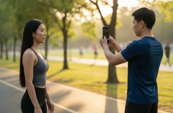 Foto de uma mulher gravando vídeo usando roupas de ginástica. Um homem está segurando o smartphone.