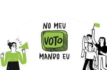 A imagem apresenta um botão verde central com a palavra “VOTO” escrita dentro dele. Acima do botão está o texto “NO MEU” e abaixo, “MANDO EU”, formando a frase completa: “NO MEU VOTO MANDO EU”. À esquerda, há a figura de uma pessoa segurando um megafone verde, como se estivesse anunciando ou chamando atenção. À direita, aparecem três pessoas com os braços erguidos em sinal de entusiasmo ou participação; uma delas segura uma pequena bandeira verde. A composição transmite uma mensagem de empoderamento e autonomia no ato de votar, destacando que cada indivíduo tem controle sobre sua própria escolha. O uso predominante da cor verde reforça a ideia de ação, movimento e esperança associada ao voto.