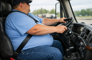 Foto de um caminhoneiro obeso visto de perfil, dirigindo pela rodovia com o cinto de segurança afivelado. Ele está usando boné, óculos escuros, calça jeans e camisa azul clara.