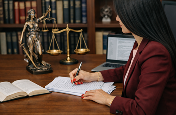 Foto de uma mulher vista de perfil vestindo blazer vinho e blusa em tom de rosa-claro. Ela está fazendo anotações. Há sobre a mesa de trabalho dela um notebook aberto, uma balança da Justiça, uma estátua da Justiça e um livro aberto. Ao fundo, há uma estante com vários livros cuidadosamente organizados.