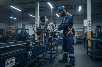Foto de um homem moreno de cabelos pretos visto de perfil trabalhando em uma empresa de montagem e manutenção industrial. Ele está usando os equipamentos de proteção individual necessários.