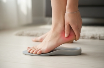 Foto de um pé feminino com esporão, pressionando suavemente uma palmilha ortopédica do tamanho exato do pé. A parte inferior do calcanhar está levemente destacada em vermelho, indicando o ponto de dor e inflamação típico da fascite plantar. A imagem não mostra o rosto da mulher, mantendo o foco na anatomia e na sensação de desconforto.