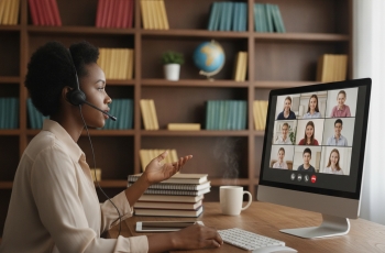 Foto de uma professora de ensino a distância, de pele negra, vista de perfil, em frente à tela do computador, usando headphones. Ela está dando aula por videoconferência. Na tela, aparecem os ícones de chamada de vídeo e rostos pequenos de 10 alunos. Há livros empilhados sobre a mesa e uma estante ao fundo com um globo, vasos e livros coloridos organizados cuidadosamente.